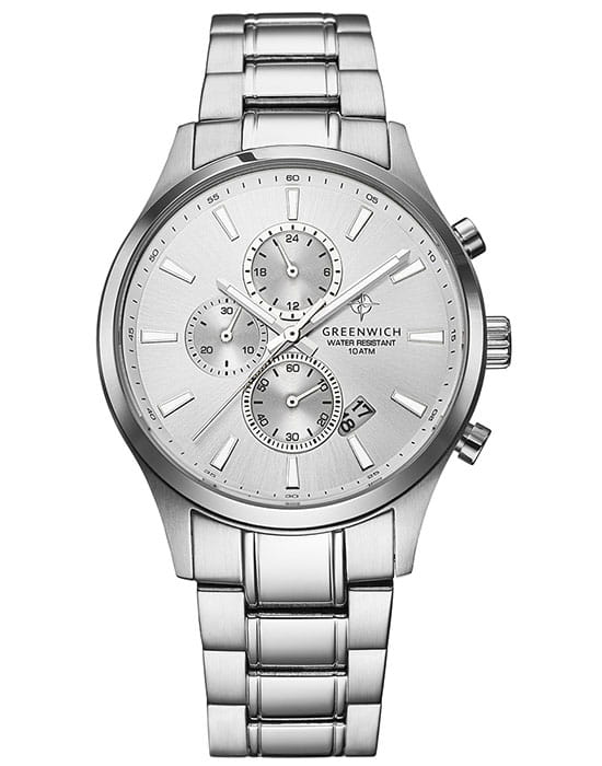 Greenwich Greenwich Navigator GW 053.10.33  GW 053.10.33 кварцевые мужские часы серебристый циферблат, браслет нержавеющая сталь — вид спереди